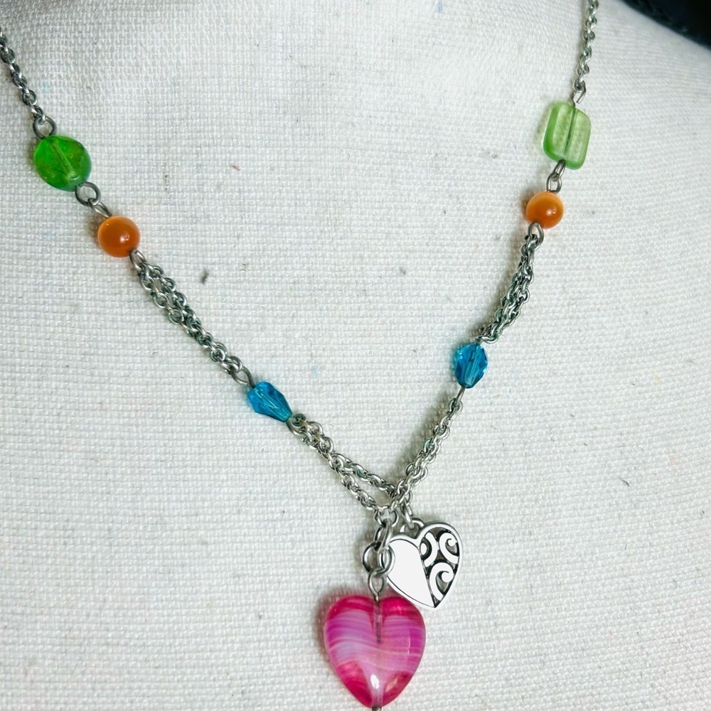 Brighton Deco Bright Necklace Colorful Beaded Heart Pendants Silver Plated 18" - Picture 3 of 9